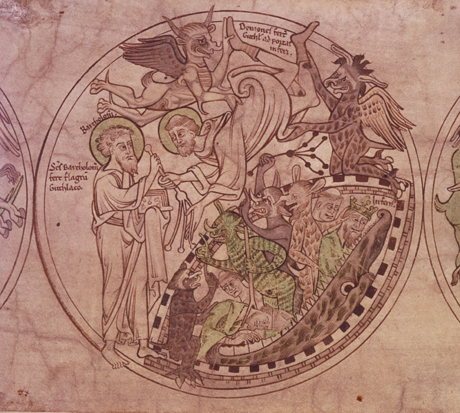 Description English: St Guthlac is presented with a whip by St Bartholomew as he is tormented by demons, illustration from The Guthlac Roll Date	1210 Source	British Library [1] Author	Unknown Source: Wikimedia Commons (Public Domain)