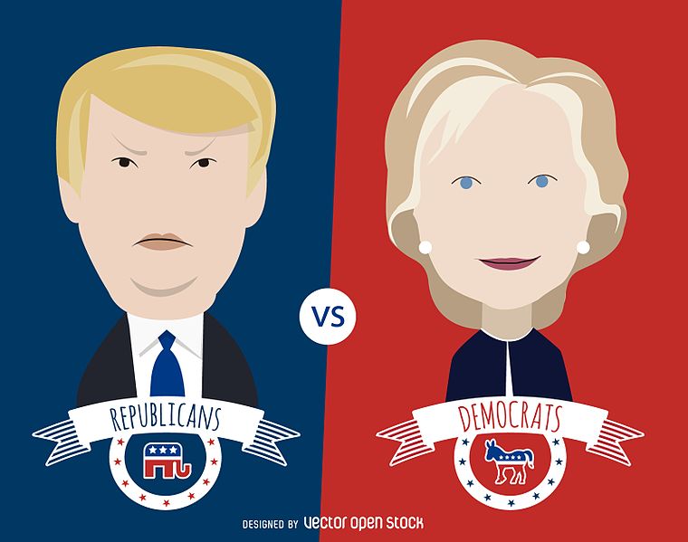 Description English: Illustration featuring Donald Trump and Hillary Clinton with ribbon banners that say Republicans and Democrats, along the republican elephant and democrat donkey. Date	29 July 2016 Source	Own work Author	VectorOpenStock (CC BY-SA 4.0)