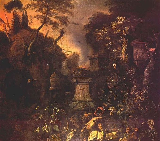 Artist Matthias Withoos (circa 1627–1703) Title Landscape with a Graveyard by Night (Public Domain)