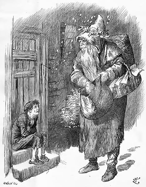 Description English: 'A Christmas Puzzle'. The caption reads: Father Christmas: "Now, my little man, where's your stocking?" Poor Little Waif: "Please, Sir, I ain't got ne'er a one!" Date 28 December 1895 Source Punch, 28 December 1895, p307 Author John Tenniel (1820–1914) (Public Domain)