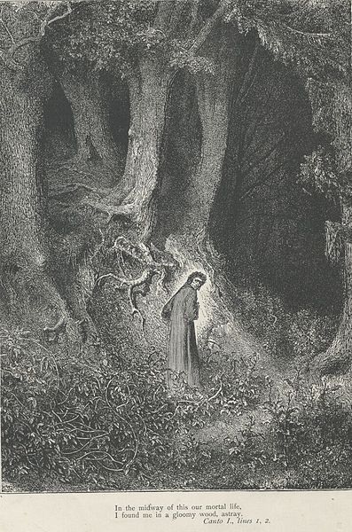 Inferno illustrated by Paul Gustave Doré (1832-1883). The caption reads 'In the midway of this our mortal life, I found me in a gloomy wood, astray' Canto 1 lines 1,2. (Public Domain)