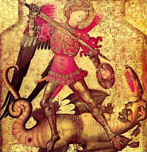 ArtistUnknown Spanish (Valencian) Painter Description	 English: «Saint Micheal and the Dragon» with Sword & Buckler, wearing a brigandine with plate armour for hand and legs (as an illustration of armour of second half of 14c and beginng of 15c) Deutsch: Erzengel Michael erschlägt einen Drachen mit dem Schwert. Er trägt eine Brigantine, mit Plattenpanzersegmenten an Armen und Beinen, sowie einen Faustschild (spanische Illustration aus dem späten 14. oder frühen 15. Jahrhundert). Date	circa 1405 Medium	tempera on wood, gold ground Current location	 Metropolitan Museum of Art Link back to Institution infobox template wikidata:Q160236 References	http://www.metmuseum.org/collection/the-collection-online/search/437742 Source/Photographer	Metropolitan Museum NY (Public Domain)