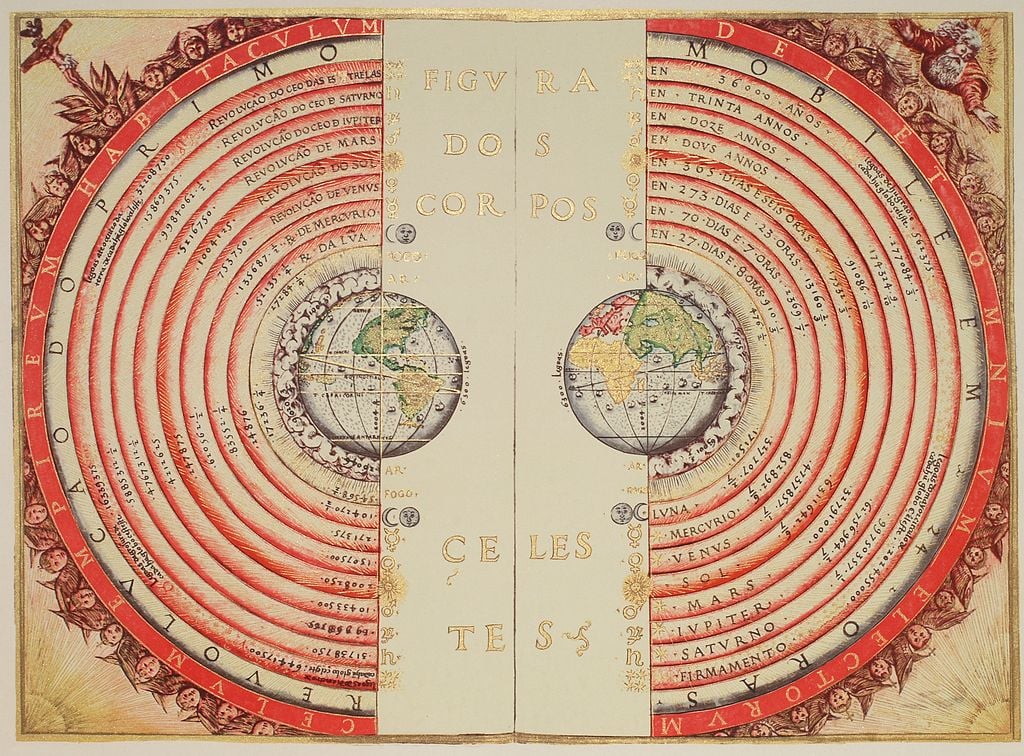 Description English: Figure of the heavenly bodies - Illuminated illustration of the Ptolemaic geocentric conception of the Universe by Portuguese cosmographer and cartographer Bartolomeu Velho (?-1568). From his work Cosmographia, made in France, 1568 (Bibilotèque nationale de France, Paris). Notice the distances of the bodies to the centre of the Earth (left) and the times of revolution, in years (right). The outermost text says: "The heavenly empire, the dwelling of God and of all of the elect" Date	Original work, 1568. Photo taken in 2008 Source	Own work Author	Bartolomeu Velho