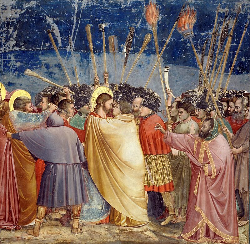 Artist Giotto (1266–1337)  Title	The Arrest of Christ (Kiss of Judas)  Description	 English: No. 31 Scenes from the Life of Christ: 15. The disciple on the left, who wounds a soldier with his knife, is Saint Peter. Date	between 1304 and 1306 (Public Domain)