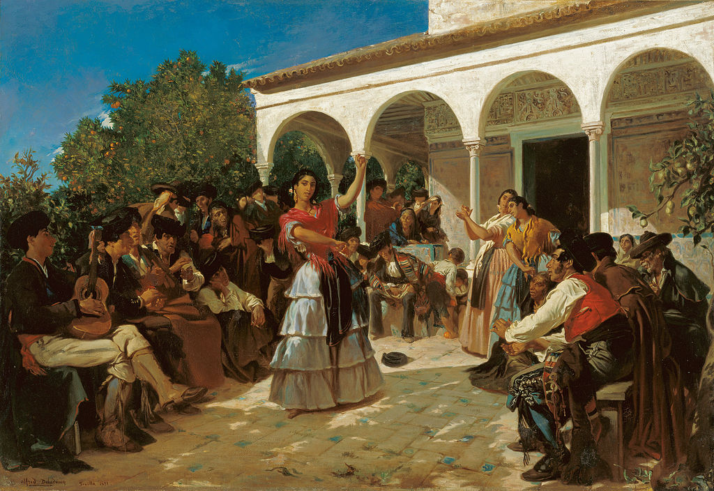 Author Alfred Dehodencq (1822–1882) Title A Gypsy Dance in the Gardens of the Alcázar, in front of Charles V Pavilion. Date 1851 Public Domain
