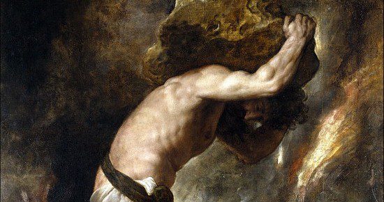 Painting of Sisyphus carrying a stone up the hill, by Titian