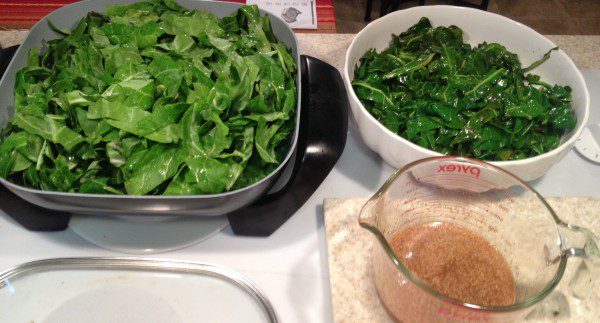 Sautee the collard greens in three batches.