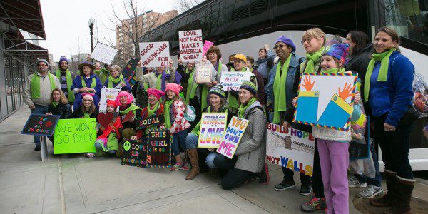 Greenville protestors outside of out Bus upon arrival at Pentagon City in Arlington, VA. January 21, 2017. ~ Photo Credit Elizabeth Cayton Photography, used with Permission