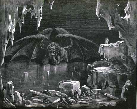 Satan in the Inferno is trapped in the frozen central zone in the Ninth Circle of Hell, Canto XXXIV By Gustave Doré - Public Domain - Wikimedia Commons