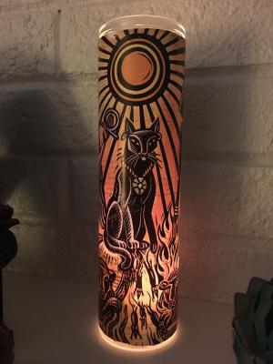 Example of dedication candle dressed with Calendar image of Goddess Bast - Heron Michelle