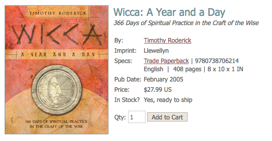 Wicca: A Year and a Day by Timothy Roderick Screenshot from Llewellyn Worldwide Publishing Website