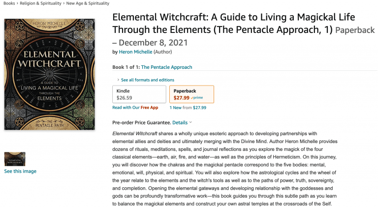 Amazon listing of Elemental Witchcraft by Heron Michelle