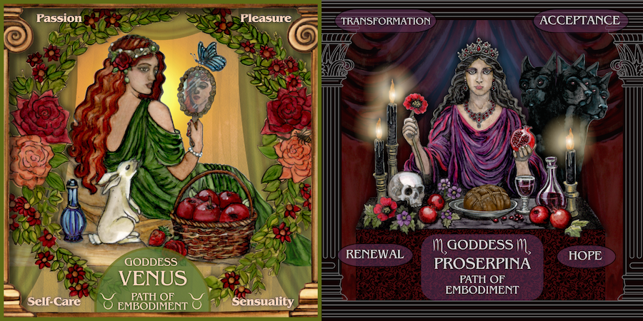 Goddess Devotions candle images for Venus and Proserpina, Persephone