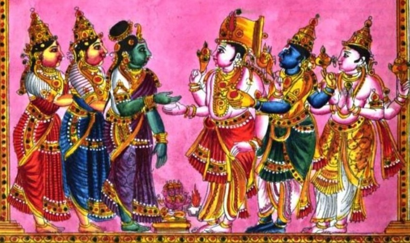 Hindu Tridevi and Trimurti  E. A. Rodrigues, Public domain, via Wikimedia Commons