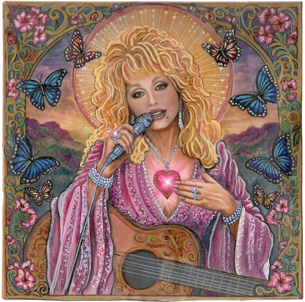 Dolly Parton as a Folk Saint, with a guitar and microphone, surrounded by butterflies, and a backdrop of the Smoky Mountains of East Tennessee - Original rendering in Ink on Vellum paper by Heron Michelle