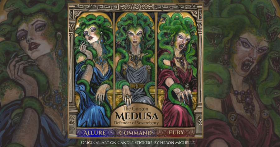 Heron Michelle’s Medusa artwork showing the Three Gazes of Allure, Command, and Fury in blue, gray, and red.