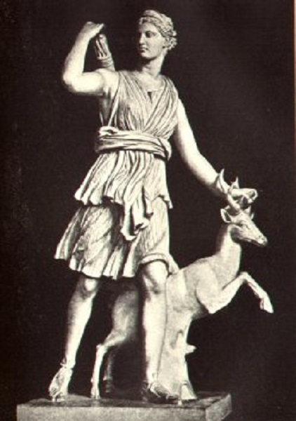 This depiction of Hera with a Hind is titled Diana of Versailles and is an example of the composite deity Hera-Diana. Louvre. Wikimedia Commons.