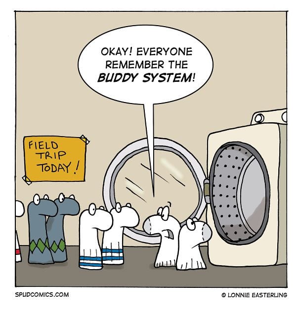 cartoon of socks advising one another to use the "buddy system" as they go in the washing machine
