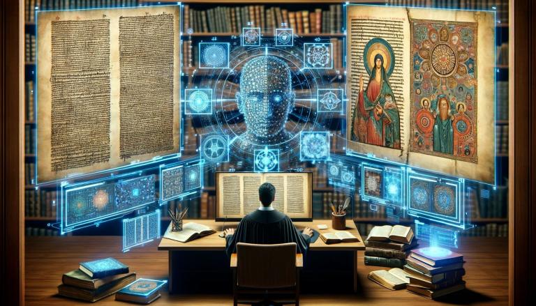 Theologian at a desk with holographic computer screens as well as ancient manuscripts and old books.