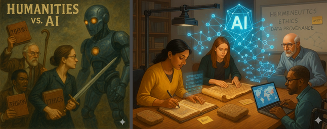 On the left is an image of humanities professors fighting a robot. On the right is an image of AI as a tool helping humanities research.