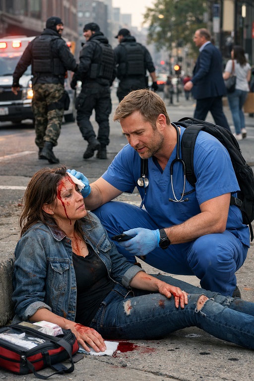 An ICU nurse helps a victim of ICE brutality as they walk away laughing
