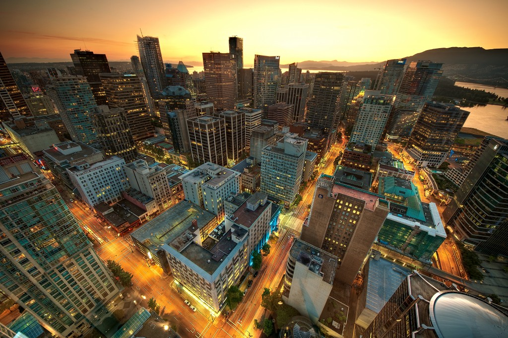 View of downtown Vancouver from the Lookout Tower at Harbour Centre - MagnusL3D, 8 August 2011 (Downtown_Vancouver_Sunset.jpg) (CC BY-SA 3.0 [https://creativecommons.org/licenses/by-sa/3.0/deed.en]), via Wikimedia Commons/Flickr