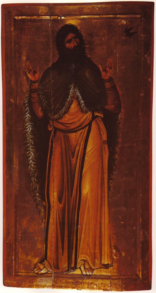 Prophet Elijah: icon with a very early signature by "Stephanos", counterpiece of a Moses icon by the same artist. Around 1200. 130 x 67 cm, eSaint Catherine's Monastery, Sinai (Egypt) / K. Weitzmann: "Die Ikone" - PD-Art, via Wikimedia Commons