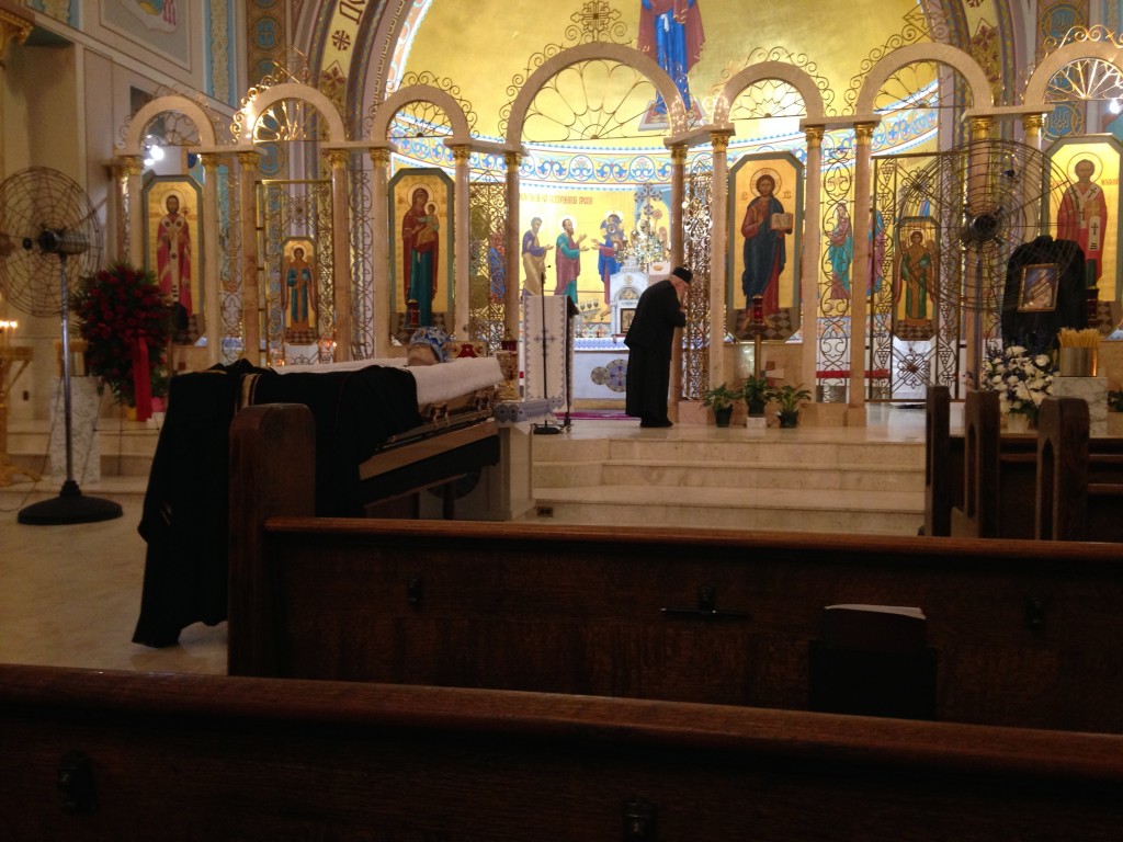 Bishop Richard's body at St Nicholas Ukrainian Catholic Cathedral, before Divine Liturgy, 23 August 2016 - photo by me