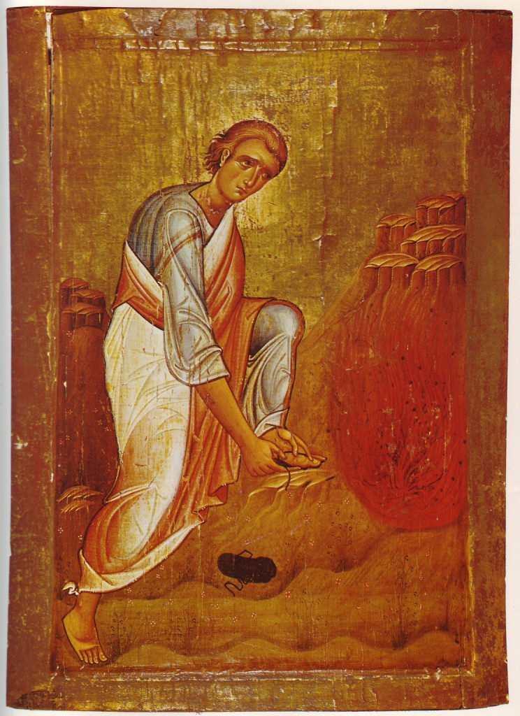 Moses and the burning bush. Loca sancta icon from the 12th (13th?) century. 92 x 64 cm, Saint Catherine's Monastery, Sinai (Egypt) / K. Weitzmann: "Die Ikone" - PD-Art, via Wikimedia Commons