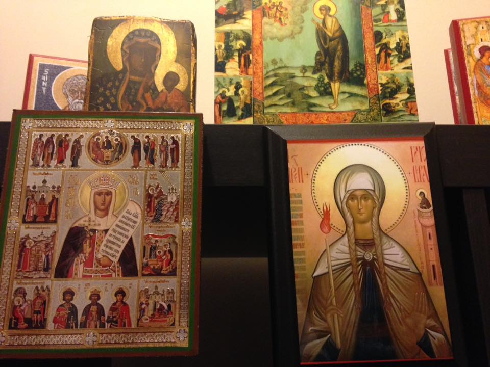 The holy women who pray to God for me - clockwise: The Most Holy Theotokos (of Belz-Częstochowa), Holy Mary of Egypt, Holy Genevieve of Paris, and Holy Olha of Kyiv - photo by me