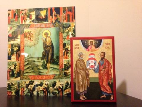 Holy Mary of Egypt and the Holy Apostles Peter and Paul at my icon corner - photo by me