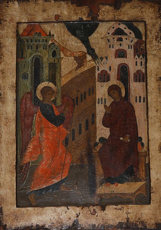 The Annunciation, russian icon from the 1500s. National Museum, Stockholm. - by Bjoertvedt, 24 November 2010 (536px-Icon_1500s_Annunciation) (CC BY-SA 3.0 [https://creativecommons.org/licenses/by-sa/3.0/deed.en]), via Wikimedia Commons