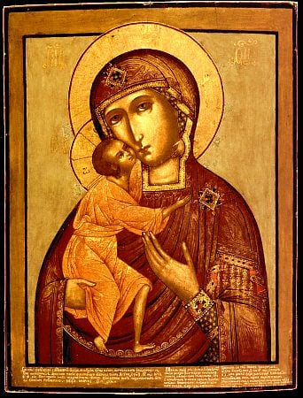 Our Lady of St Theodore (10th century), 18th Century copy of the holy protectress of Kostroma, following the same Byzantine "Tender Mercy" type - PD-Art, via Wikimedia Commons