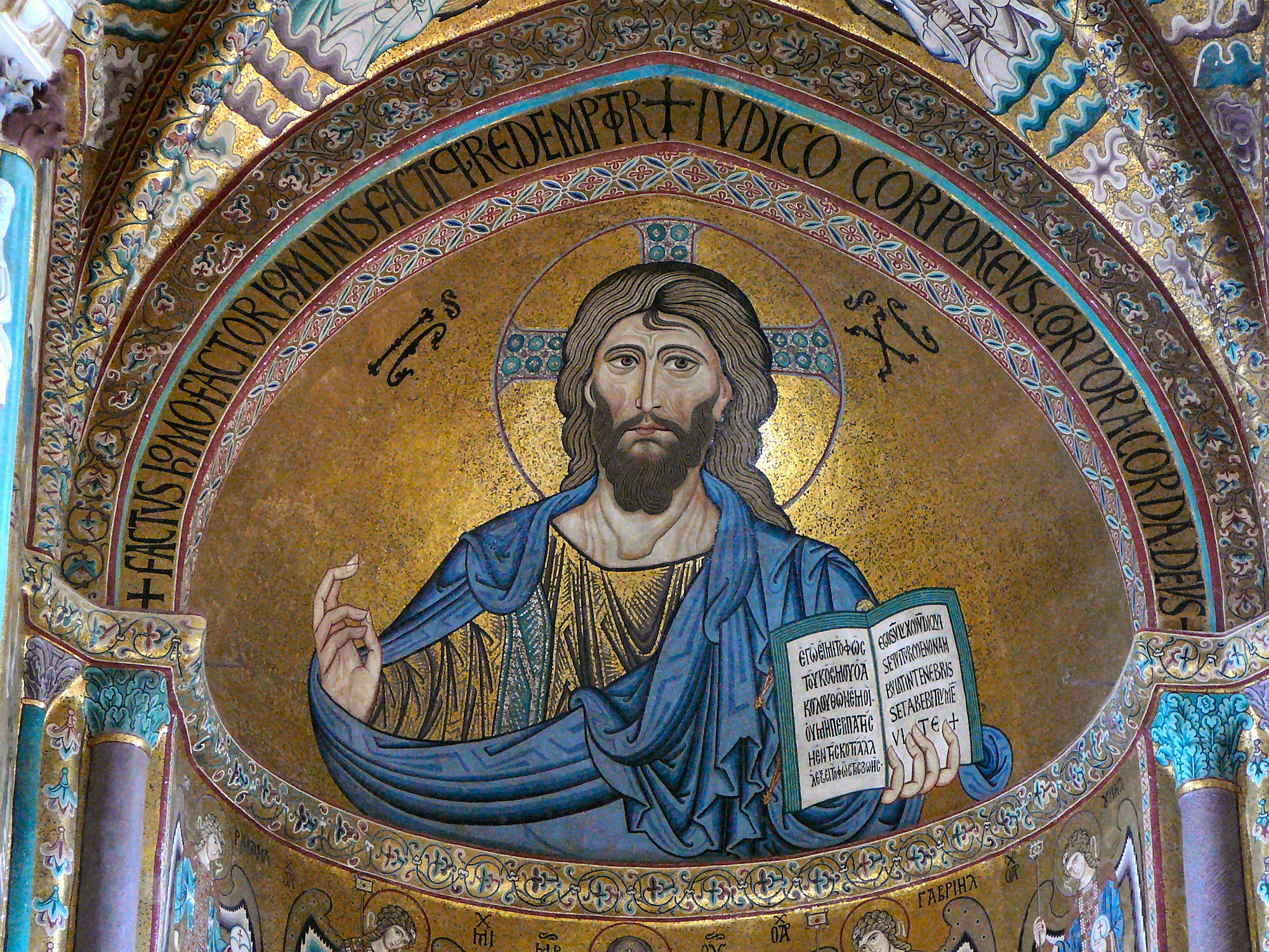 Christ Pantokrator in the apse of the Cathedral of Cefalù, Sicily, Italy. Mosaic in Byzantine style. - by Gun Powder Ma, 2007 (Christ_Pantokrator,_Cathedral_of_Cefalù,_Sicily.jpg) (CC BY-SA 3.0 [https://creativecommons.org/licenses/by-sa/3.0/deed.en]), via Wikimedia Commons