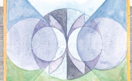 Geometric watercolor painting in blues, purples and greens of abstract moons in balance.