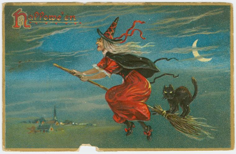 Victorian Postcard image of a classic witch riding a broomstick with a black cat.