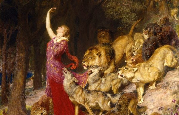 Aphrodite is followed by wolves, lions, and other large predators. 