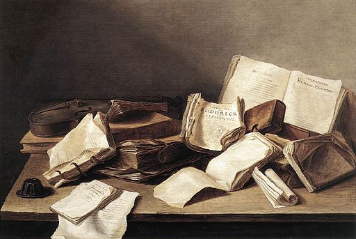 A classical still life painting of scattered books and papers on a desk.