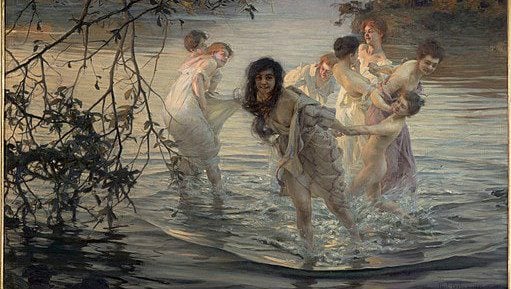 Classical Painting of nymphs frolicking in the water in the dawn light.