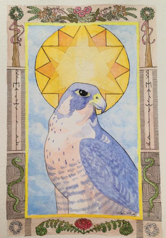Watercolor painting of a hawk with a sun background and a border of midsummer symbolism