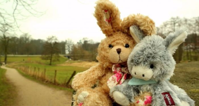 Two fluffy stuffed animals sitting in front of a winding country road.
