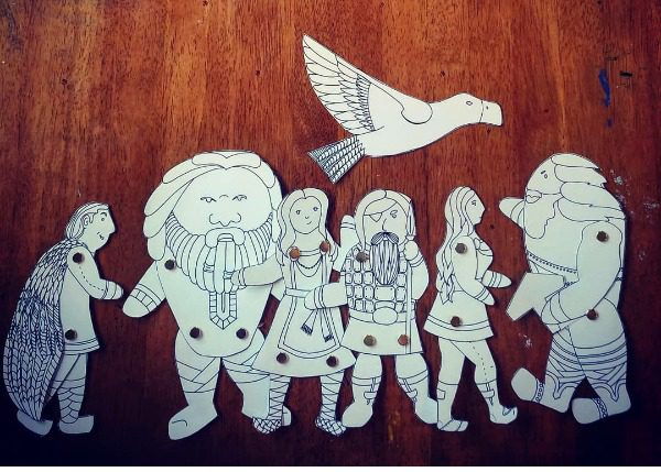 black and white jointed paper puppets of all the characters in the myth of Idunn and the Golden Apples.