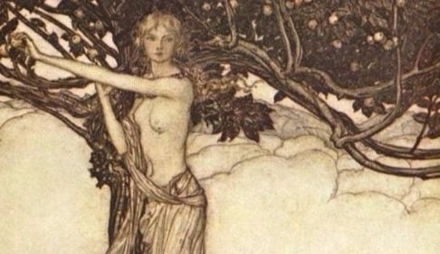 Idunn and the Apple Tree of Immortality done in sepia tones.