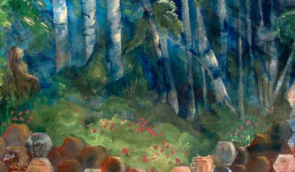 A woman looks at a birch wood with dappled shade and red flowers.