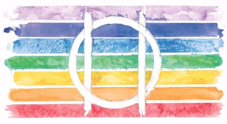 A pride rainbow with the Druidic Sigil in white.