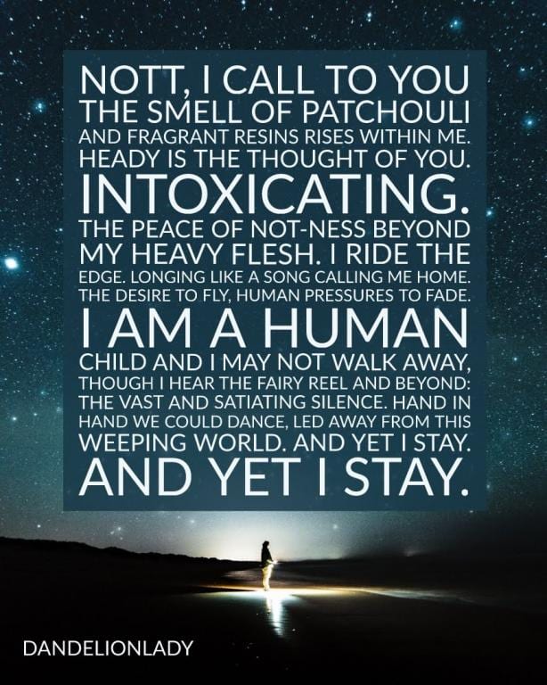 An image of stars with the text of the Nott invocation that follows written on the stars. Below the text is a single person, lit by light, looking upward at the stars.