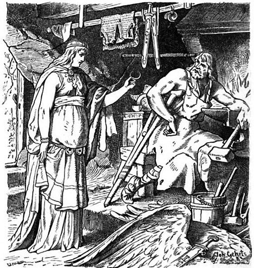 Beadohilde presents the bandaged and crutched Wayland Smith with the broken jewelry at his smithy.