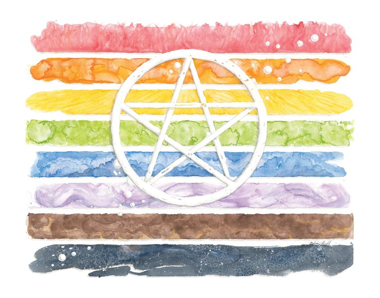 A five pointed star in a circle on a background of rainbow including brown and black. 
