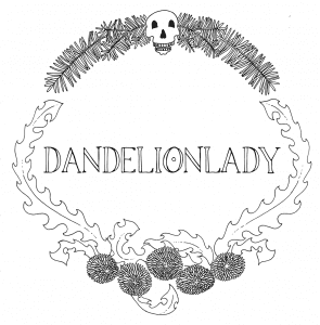 Plant spirits including yew and dandelion create a wreath around the name Dandelionlady