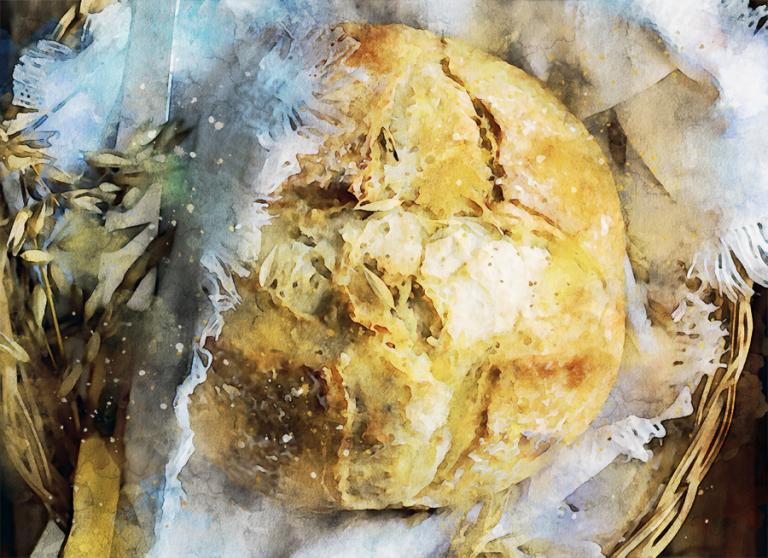 Bread Recipe, a watercolor image of a round loaf of bread wrapped in a white towel with accents of wheat.